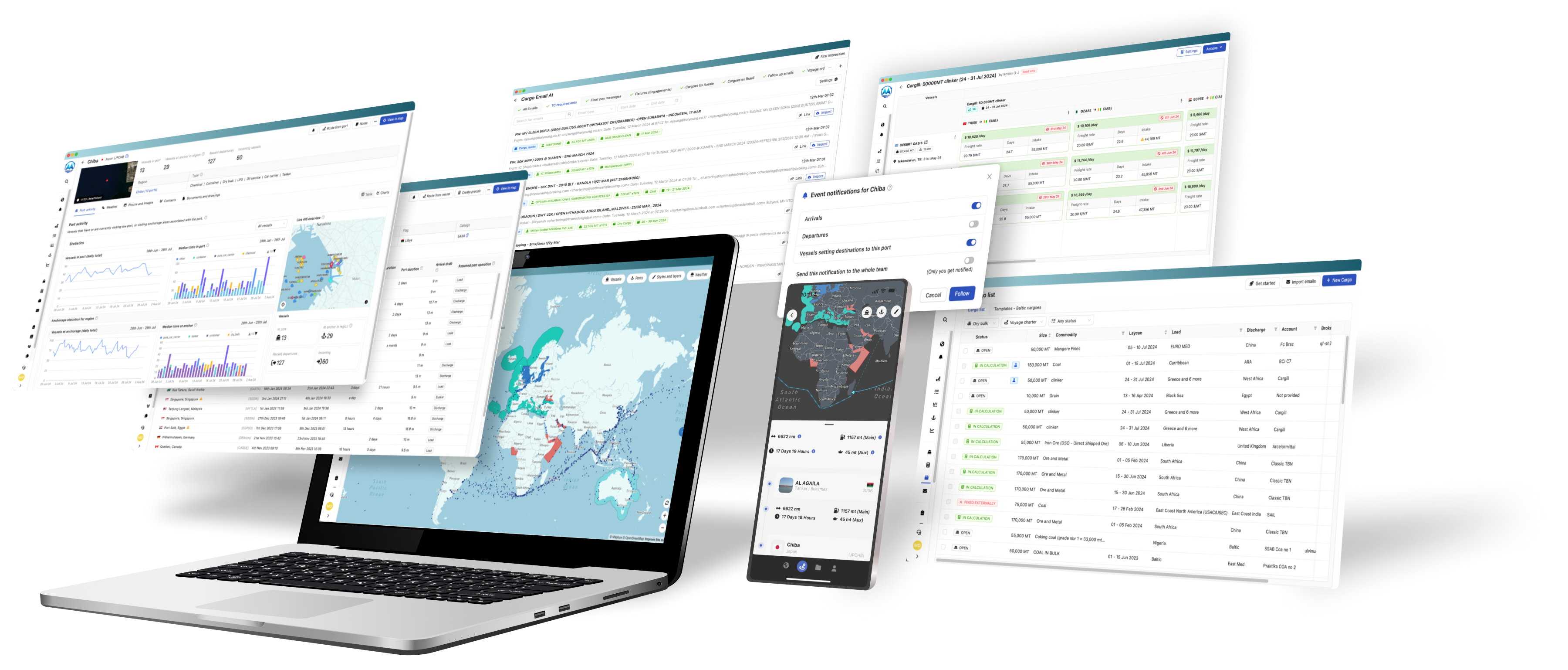 Maritime Optima’s maritime software solution; ShipIntel, displayed on both desktop and mobile devices. The image shows ship routes, ports, and vessel information, highlighting sea between Europe, Africa, Asia, and Australia, as well as icons indication vessels on the map. The image on the mobile device, shows a sea route calculation made in ShipIntel for a dry bulk vessel. vessel The software solution made by Maritime Optima, called ShipIntel, includes features like AIS data, voyage and sea routes, and consumption statistics, offering a comprehensive maritime management view for maritime operations, providing its users with maritime intelligence at their fingertips.