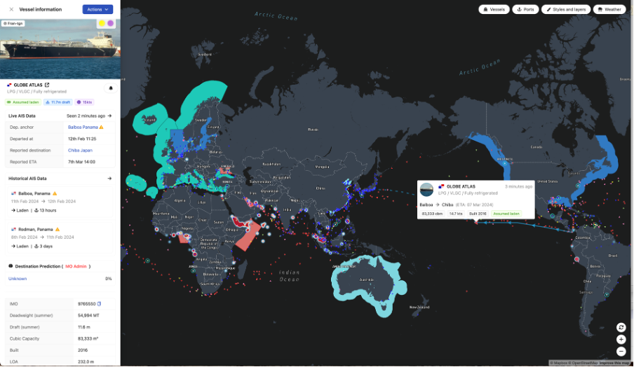 Screenshot of ShipIntel, displaying live and historical AIS data for a specific vessel