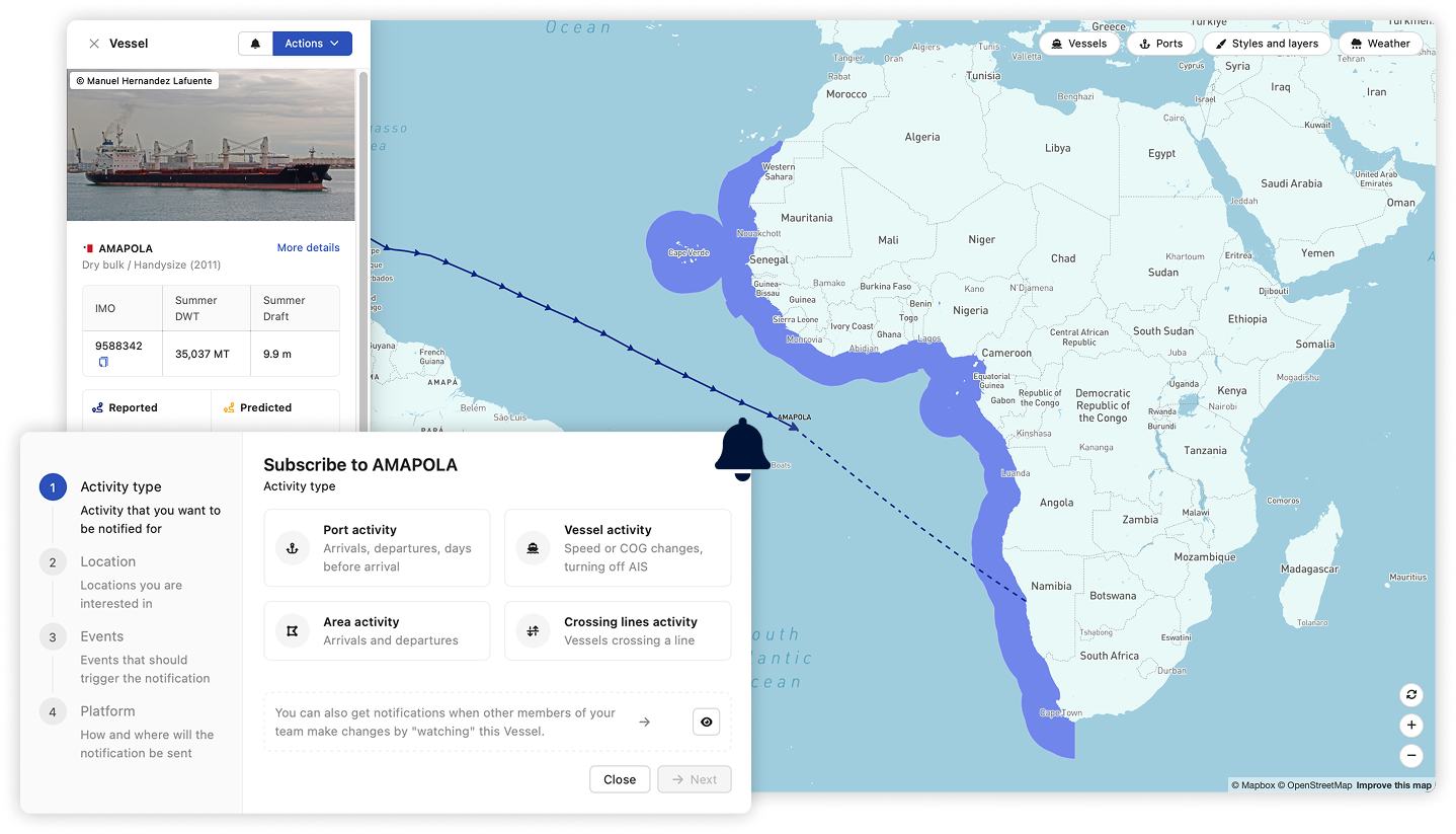 A PC and a smartphone displaying the Live AIS feature, from the Essential Toolkit in ShipIntel, showing real-time maritime traffic information and vessel movement on both screens.